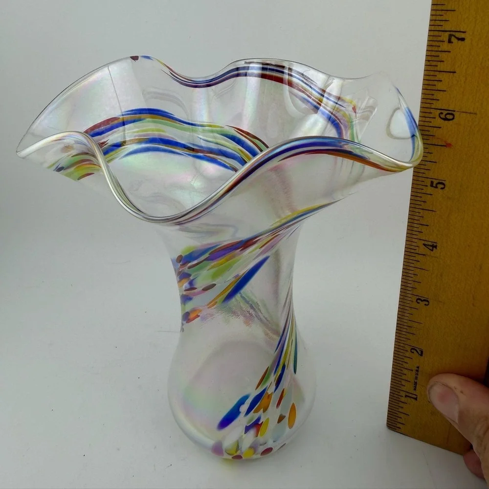 Murano Hand Blown Art Glass Vase Medium Multicolor Iridescent Ruffled Confetti